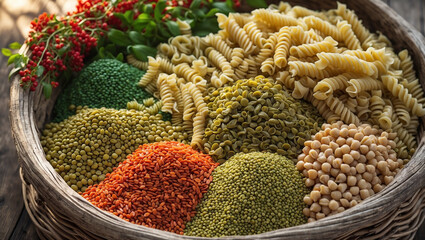 Fototapeta premium A close-up shows a woven basket filled with colorful, dried foods such as pasta, lentils, and beans, 