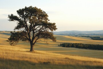 Lone tree stands in golden prairie, overlooking a distant town under a serene sky.