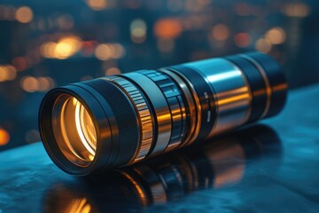 A sophisticated camera lens rests on a reflective surface, illuminated by a warm city lights bokeh.