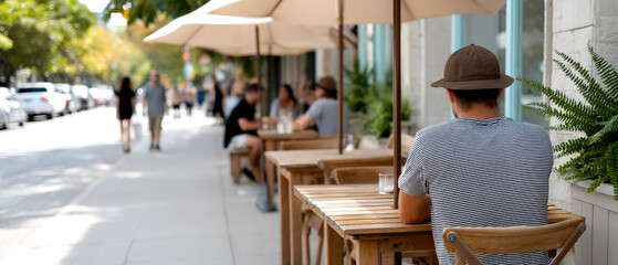 Outdoor cafe seating with people enjoying a sunny day under umbrellas on a city sidewalk.