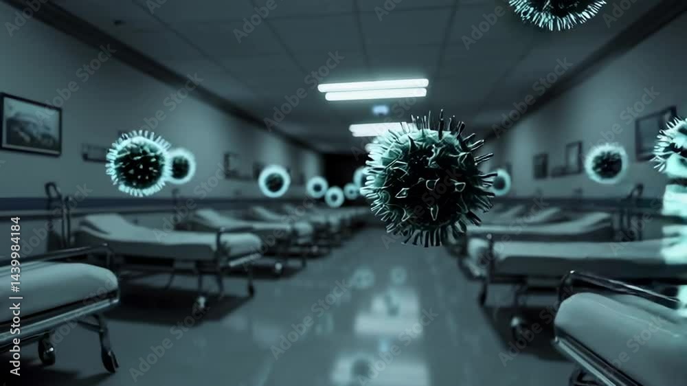 Aufkleber Microscopic view of viruses floating through a dim hospital ward filled with empty beds, suggesting the potential for infection and the need for preventive measures