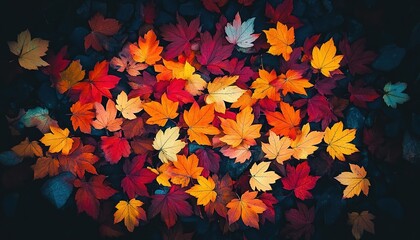 Colorful autumn maple leaves and stones scattered on a dark background, top-down view.