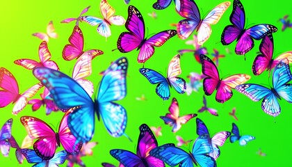 Vibrant Butterflies Isolated on Green Screen Background Perfect for Vfx Musical Productions Featuring Colorful Blue Pink and Purple Butterflies Wings with Chroma Key for Creative Projects