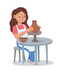 A potter girl makes a ceramic pot. Vector illustration of making clay jars in a flat style. Cartoon scene with a girl who is engaged in pottery and makes vases, jugs, dishes.