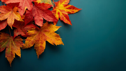 A colorful autumn leaves composition, with red, yellow, and orange hues on a teal background. The leaves create a visually appealing seasonal display. 