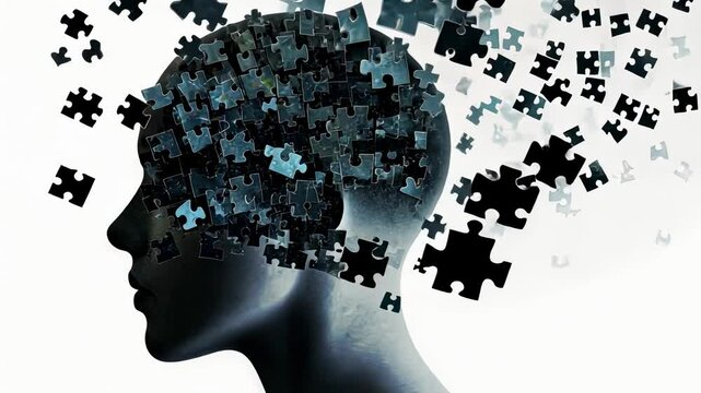 Puzzle pieces disintegrating from human head silhouette, representing memory loss, cognitive decline, and mental health challenges against stark white background