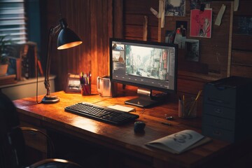 Cozy workspace with a computer screen displaying a city scene, illuminated by a desk lamp. Warm lighting creates a calm and focused atmosphere.