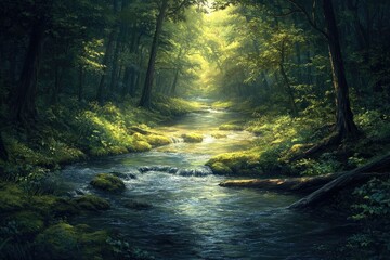 Fototapeta premium Sunlit stream flows through a lush green forest, creating a serene and peaceful atmosphere.