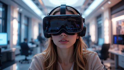 Young woman wearing virtual reality headset in modern office environment immersed in digital experience with background of busy professionals