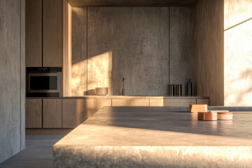 Minimalist kitchen interior, stone countertop flooded with sunlight, concrete and wood design elements