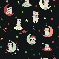 Moon and cats pattern green black