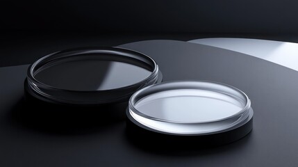 Black and white cosmetic jars on dark background, product display
