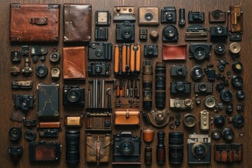 A curated collection of vintage cameras and leather goods arranged on a wooden surface.