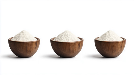 Sharp Rendering of Small Wooden Bowl Filled with Fine White Flour, with Visible Texture on the Surface, Displayed on Clean White Background, Generated AI
