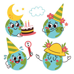 Fototapeta premium Cute Earth planet cartoon characters kawaii emoji sticker for world environment day celebration