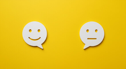 Emoji conversation bubbles with positive and neutral expressions on bright yellow backdrop