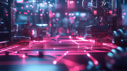 Futuristic automated factory with neon lights and advanced machinery