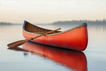 Red canoe with a paddle floating on calm lake water, surrounded by serene misty scenery at sunrise.