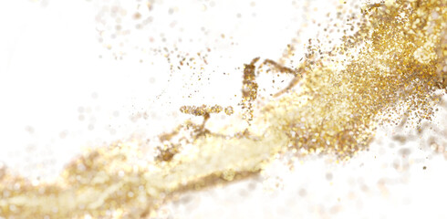 Abstract gold glitter explosion on white. Festive, luxurious texture for design projects.