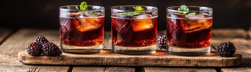 Three glasses of refreshing blackberry iced tea on a rustic wooden board, summer delight