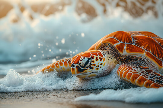 Sea turtle rests on the shore
