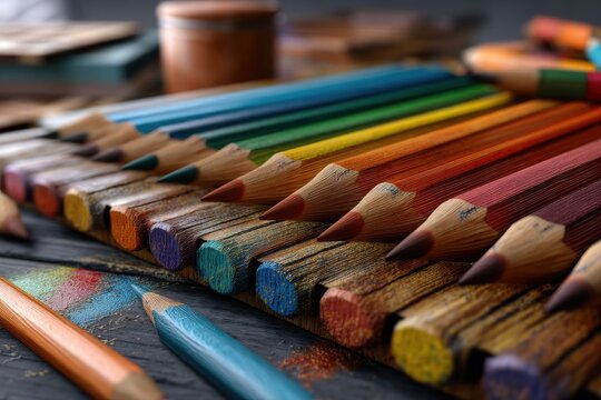 Vibrant colored pencils arranged in a captivating display, showcasing their rich hues and textures.