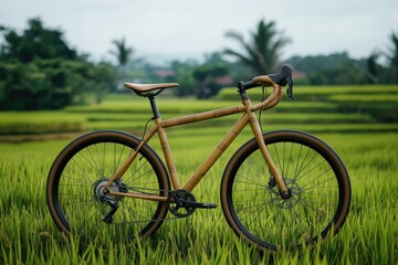 Fototapeta premium A handcrafted bamboo gravel bike stands in a vibrant green rice paddy field, showcasing sustainable craftsmanship and outdoor adventure.