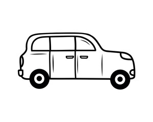 A vector image of a car, hand-drawn.Coloring pages for books and drawings. A black outline sketch highlighted on a white background.  A graphic element. Vector Illustration of a car.