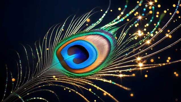 Close up of peacock feather with gold glitter on a dark background