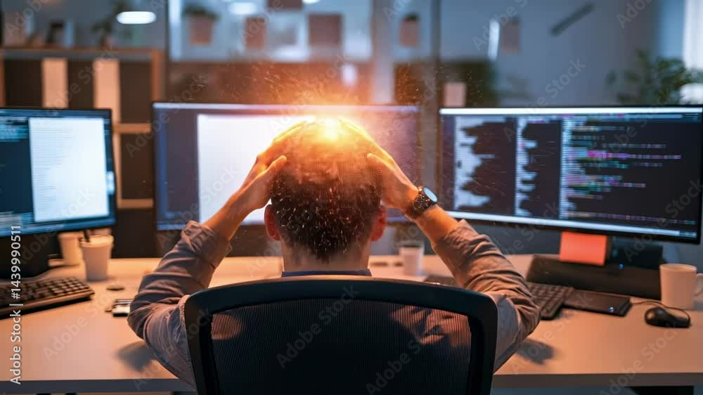 Poster Exhausted programmer having a headache from overworking, touching his head with hands while sitting at desk in office at night, special effect added