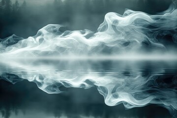 Ethereal smoke swirls over a tranquil lake, mirrored perfectly in the still water, creating a mystical, dreamlike scene.