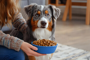 Australian Shepherd dog and female hands with bowl of dry pet food at home