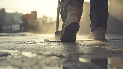 Construction Worker Walking with Shovel on Dusty Site