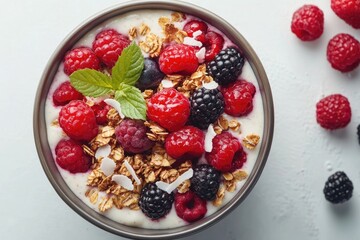 Yogurt parfait with granola, raspberries, blackberries, and mint.