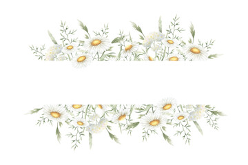 Wildflowers chamomile, yarrow and meadow grasses. Hand drawn isolated watercolor rectangular frame of yellow and white field rustic flowers with copy space for invitations, postcards, certificates.