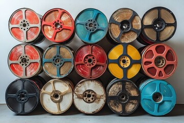 A collection of vintage film reels stacked neatly, showcasing a variety of colors and conditions.