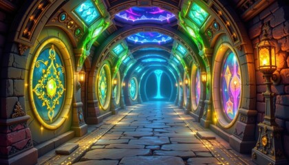 Fototapeta premium fantasy realm an enchanted corridor with mystical wall designs, glowing crystals, and magical lighting.