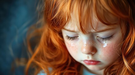 Fototapeta premium Little girl with tear filled eyes, red hair and freckles expresses deep emotion, a study in childhood vulnerability.