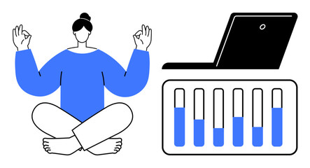 Woman in a meditative pose next to a laptop and progress bars. Ideal for mindfulness, work-life balance, productivity, mental health, performance tracking, focus, simple landing page