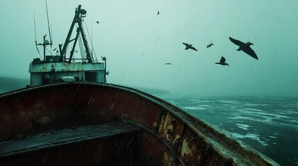Stormy Sea and Rusty Fishing Boat