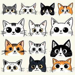 Cute cartoon cat faces with various colors and patterns are arranged in a grid on a light background.