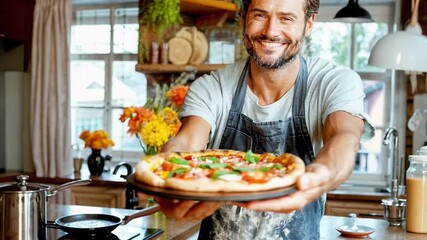 Smiling Chef Presenting Homemade Pizza In Cozy Rustic Kitchen For Italian Food Advertising, Culinary Lifestyle Content, Authentic Cooking Visuals, And Home Dining Promotions