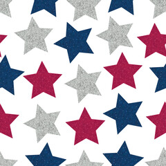 Blue red white glitters stars. Seamless fabric design pattern