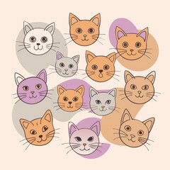 Colorful, minimalist cat faces drawn in a playful, overlapping pattern on a beige background.