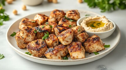 Fototapeta premium Charred kebob chicken pieces on hummus Greek food menu