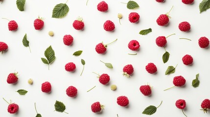 studio photograph of raspberries with leaves isolated on white