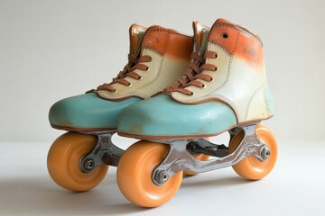 Vintage-style roller skates in teal, cream, and orange, showcasing a distressed, retro aesthetic.