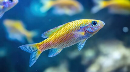 Fototapeta premium Golden fish swims in a blue, vibrant ocean setting with other fish around.