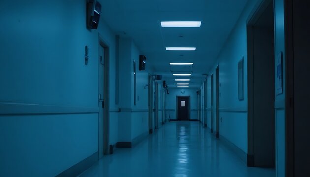 Empty, decaying hospital hallway lit by eerie blue lights,eerie, hallway, horror, hospital, long, mystery, room, corridor, creepy, damaged, interior, deserted, empty, light, ruin, abandoned, blue, 786