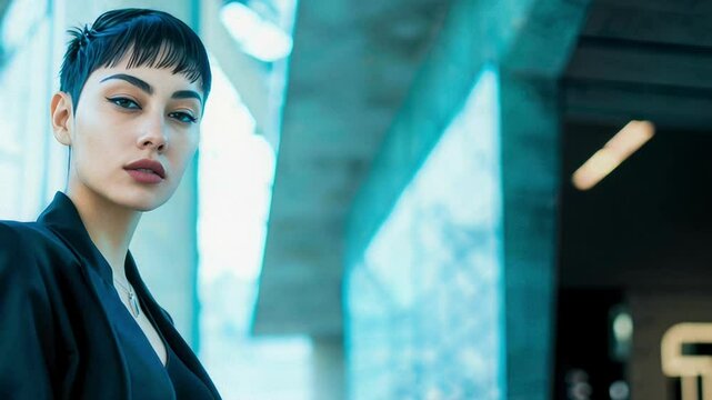 Confident Woman In Stylish Black Outfit Posing In Modern Urban Architecture For Fashion Editorials, Power Dressing Campaigns, Contemporary Lifestyle Branding, And Trendy Visual Content